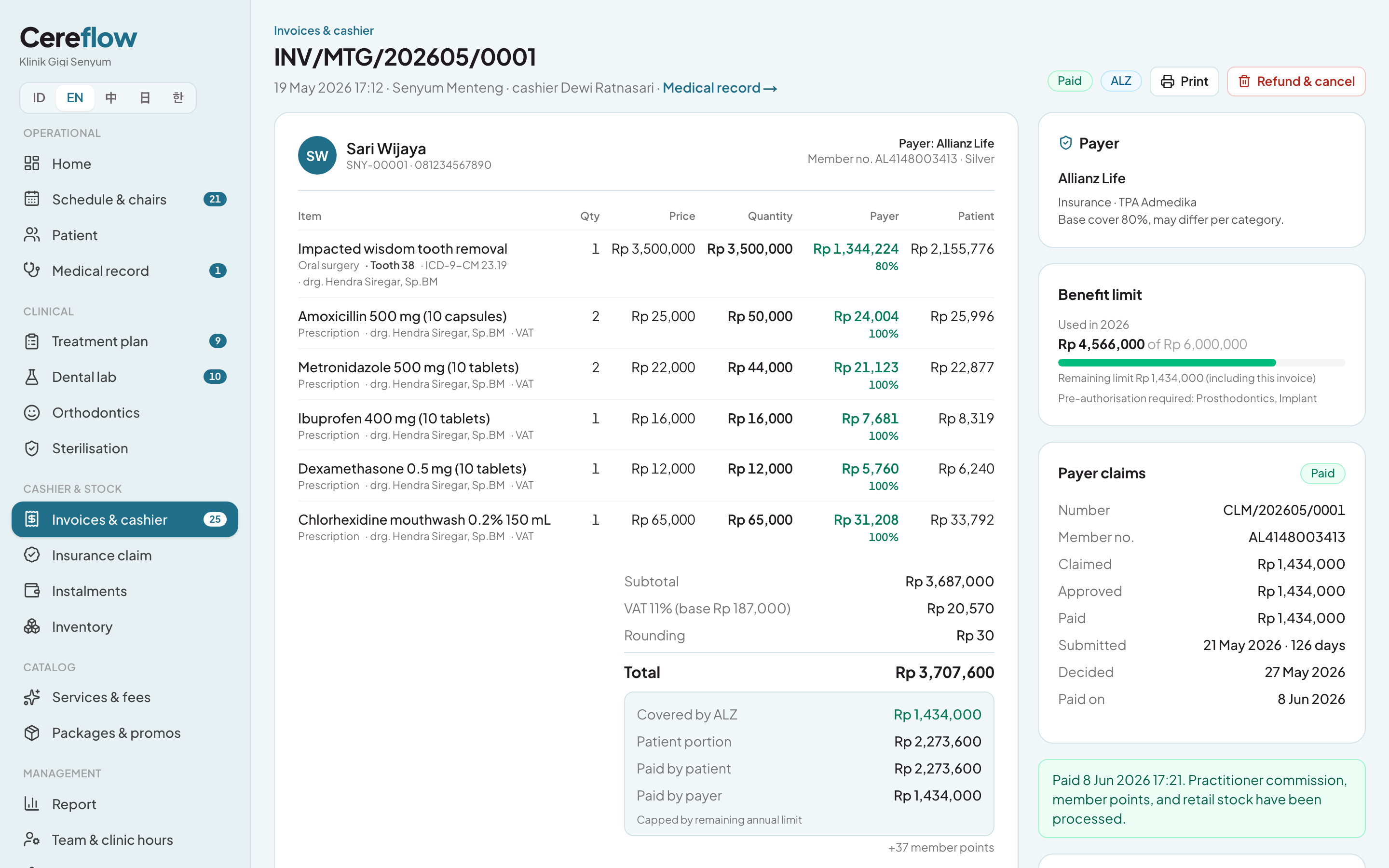 Invoices per tooth, surface and stage